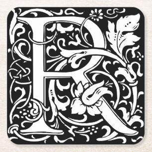 Letter R Medieval Monogram Art Nouveau Square Paper Coaster