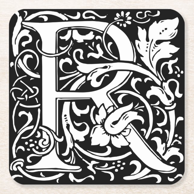Letter R Medieval Monogram Art Nouveau Square Paper Coaster (Front)