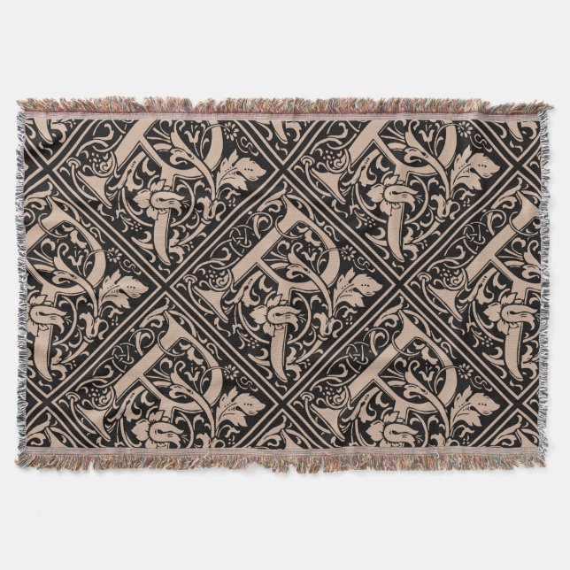 Letter R Medieval Monogram Art Nouveau Throw Blanket (Front)