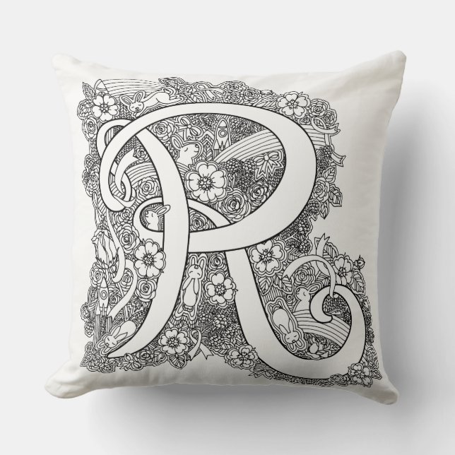 Letter R mono doodle tangled patterned pillow (Front)