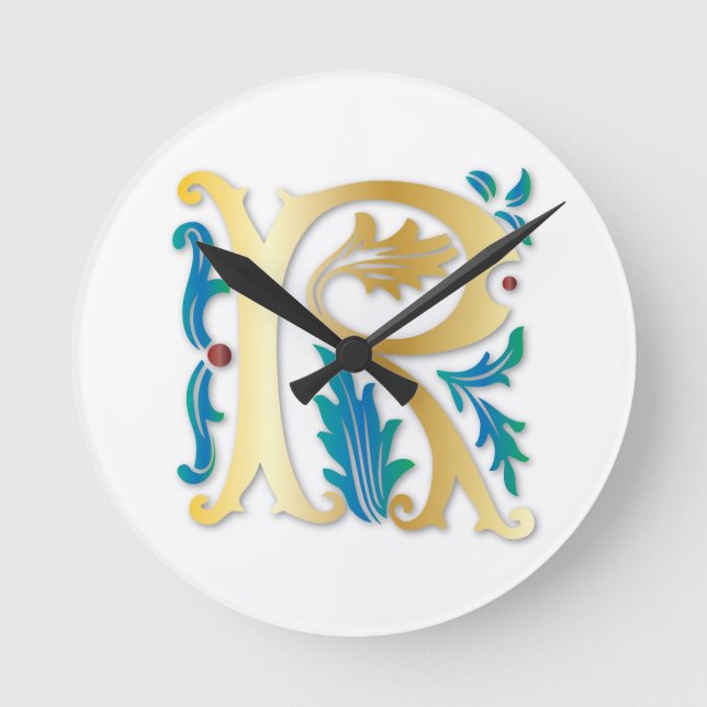 Letter R Monogram Fleur de lis Round Clock (Front)