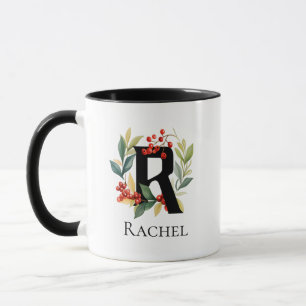 Letter R Monogram Initial Christmas Berry Wreath Mug