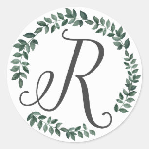 Letter R Monogram Minimalist Botanical Leaf Wreath Classic Round Sticker