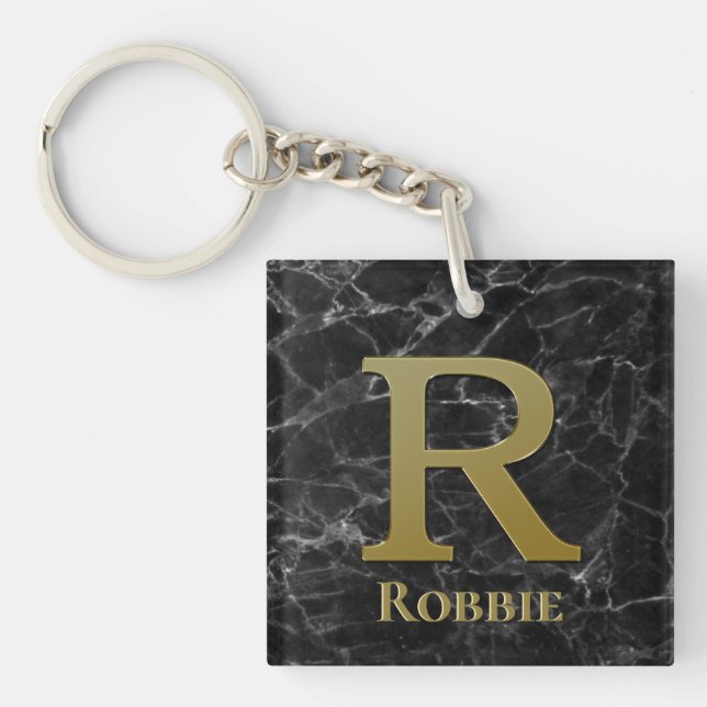 Letter R Monogram on Black Marble Keychain (Front)