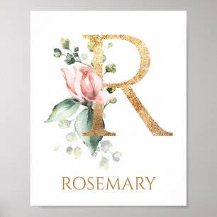 Letter R Monogram Pink Peach rose Nursery Poster