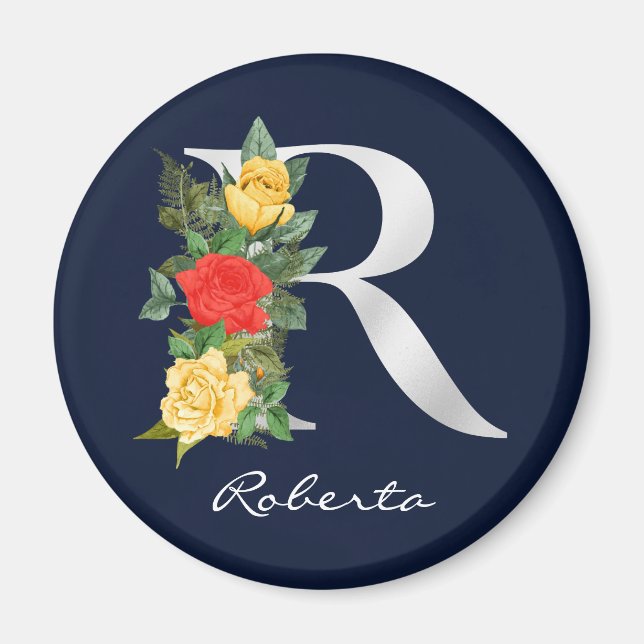 Letter R | Name | Floral White Metallic Monogram Magnet (Front)