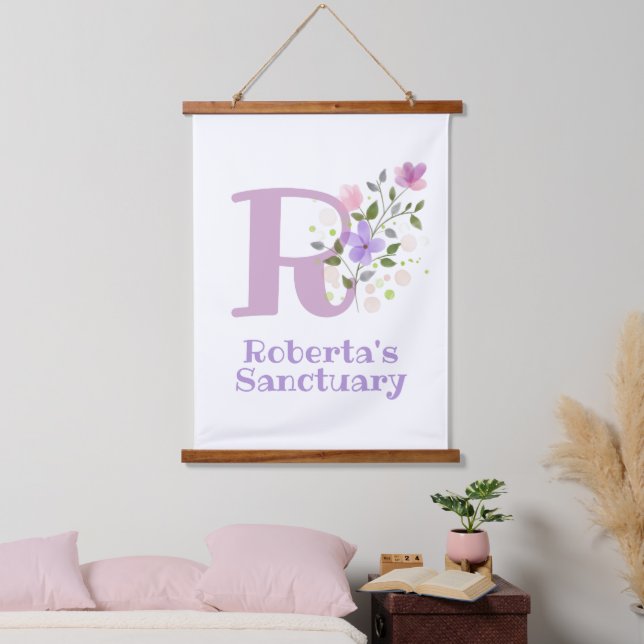 Letter R plus First Name with a Floral Design Hanging Tapestry (Bedroom)