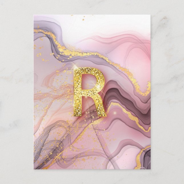 Letter R Pretty Girly RoseGold Glitter Pink Marble Postcard (Front)