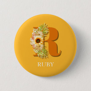 Letter R Sunflower Floral Monogram with Name 2 Inch Round Button