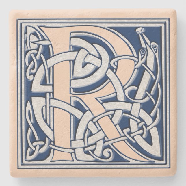 Letter R with Celtic Dragons Stone Coaster (Front)
