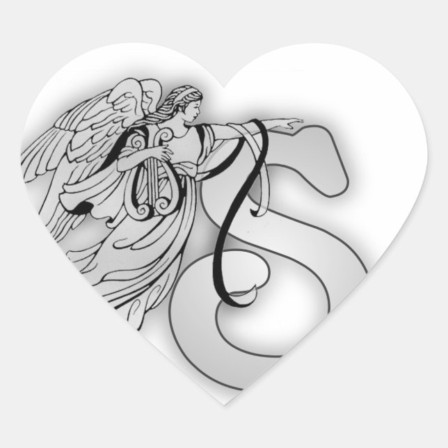 Letter S Angel Monogram Initial Heart Sticker (Front)