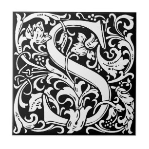 Letter S art nouveau black and white Tile