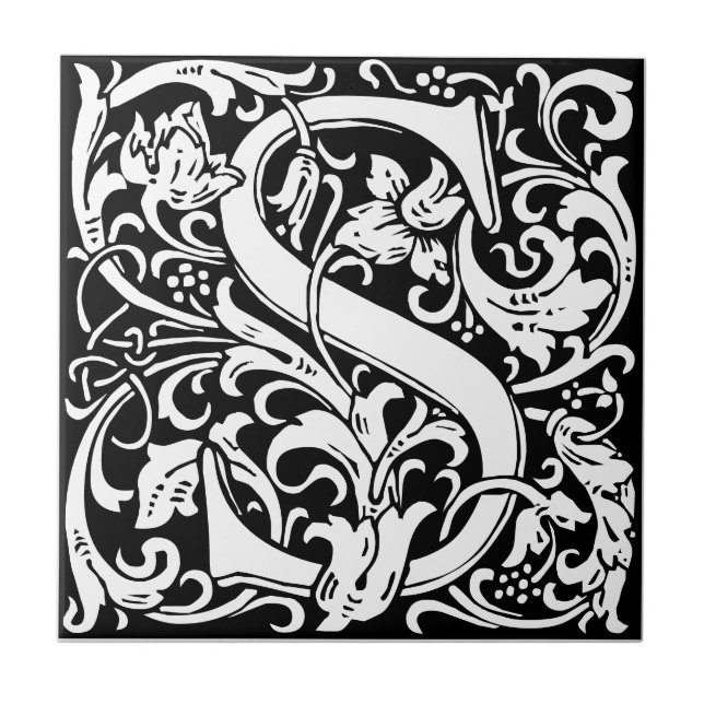 Letter S art nouveau black and white Tile (Front)