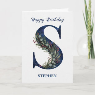 Letter S Birthday for Him Personalized Name Blue Card