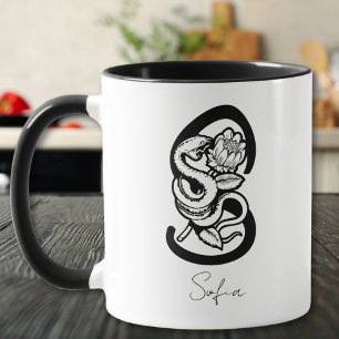 Letter S   Black Monogram–Snake & Bloom Minimalist Mug