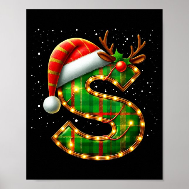 Letter S Christmas Plaid Santa Hat Monogram Initia Poster (Front)