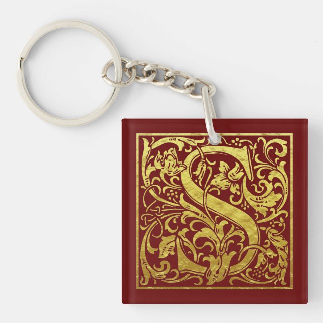 Letter S First Letter Faux Gold on Red Keychain (Front)