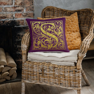 Letter S First Letter Faux Gold Purple Throw Pillow
