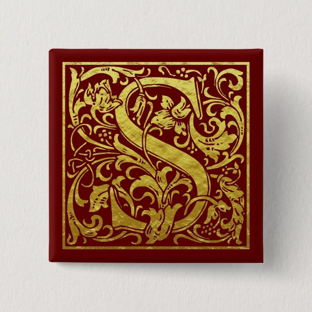 Letter S First Letter Faux Gold Red 2 Inch Square Button (Front)