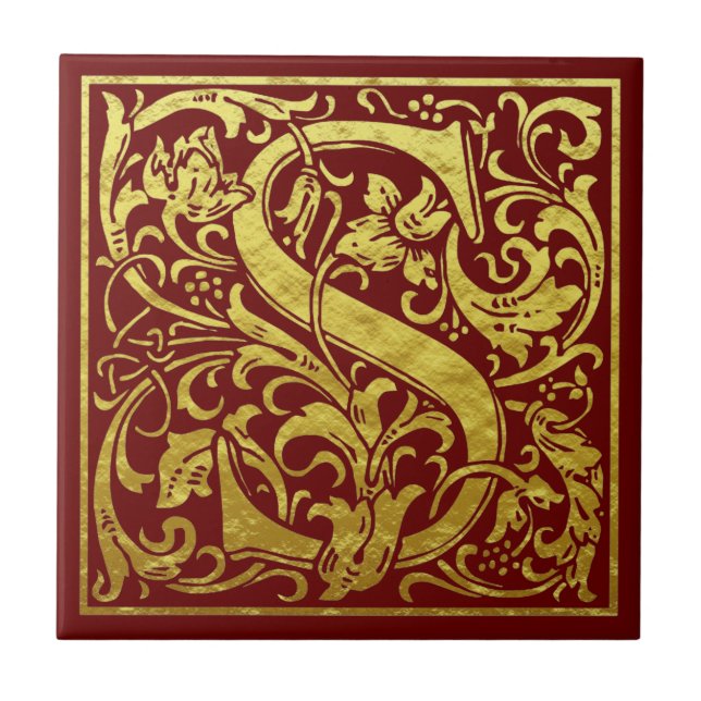Letter S First Letter Faux Gold Red Tile (Front)