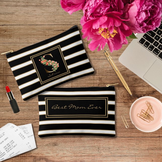 Letter S Floral Monogram Black White Gold Stripes Accessory Pouch (Creator Uploaded)