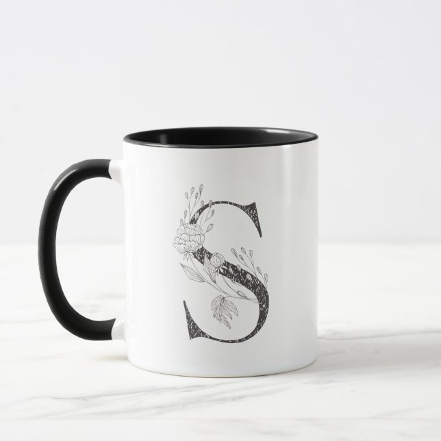 Letter S  Floral Monogrammed Black and White  Mug (Left)