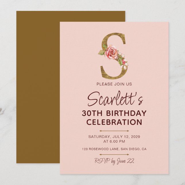 Letter S Gold Monogram Blush Pink Roses Invitation (Front/Back)