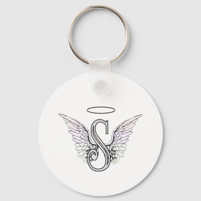 Letter S Initial Monogram with Angel Wings & Halo Keychain (Front)