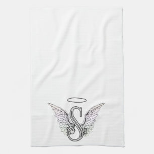 Letter S Initial Monogram with Angel Wings & Halo Kitchen Towel
