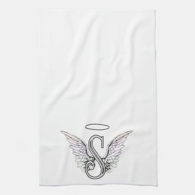Letter S Initial Monogram with Angel Wings & Halo Kitchen Towel (Vertical)