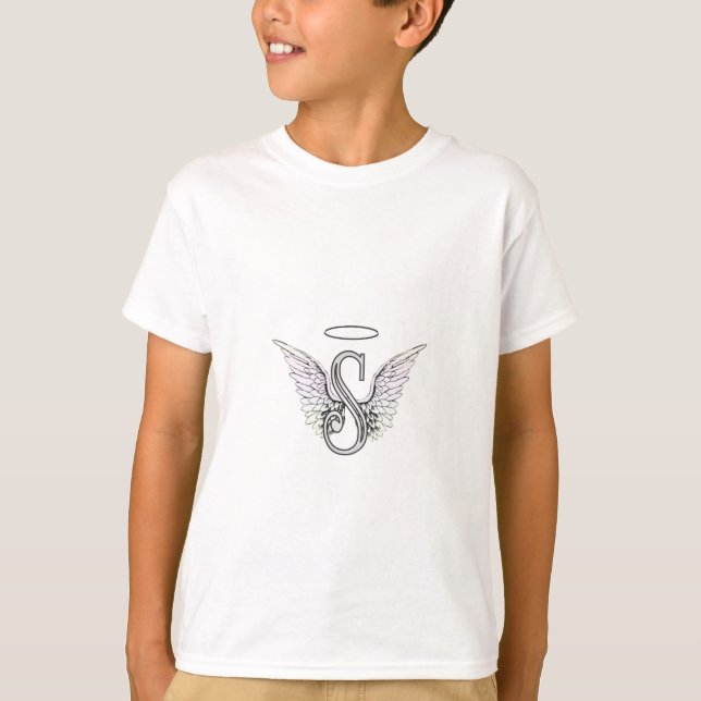 Letter S Initial Monogram with Angel Wings & Halo T-Shirt (Front)
