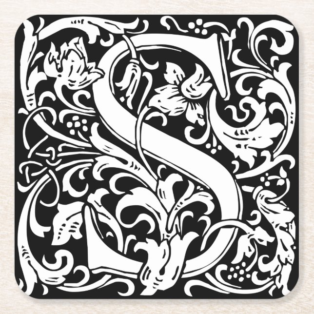 Letter S Medieval Monogram Art Nouveau Square Paper Coaster (Front)