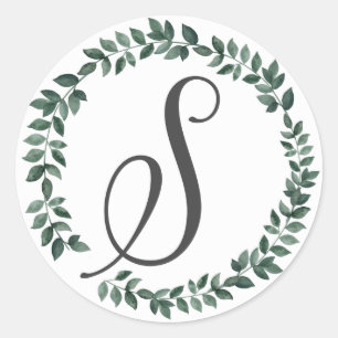 Letter S Monogram Minimalist Botanical Leaf Wreath Classic Round Sticker
