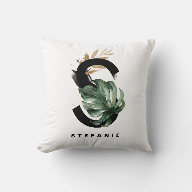 Letter S Monogram Monstera Leaves Tropical  Throw Pillow (Front)