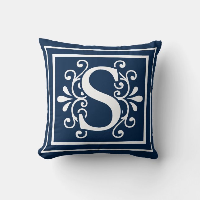 Letter S Monogram Navy Blue White Throw Pillow (Front)