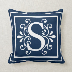 Letter S Monogram Navy Blue White Throw Pillow