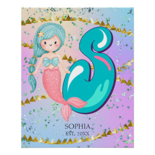 Letter S Monogram Watercolor Cute Mermaid Nursery Poster
