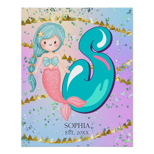 Letter S Monogram Watercolor Cute Mermaid Nursery Poster (Front)