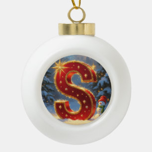 Letter S Snowman Personalized Monogram Holiday Ceramic Ball Christmas Ornament