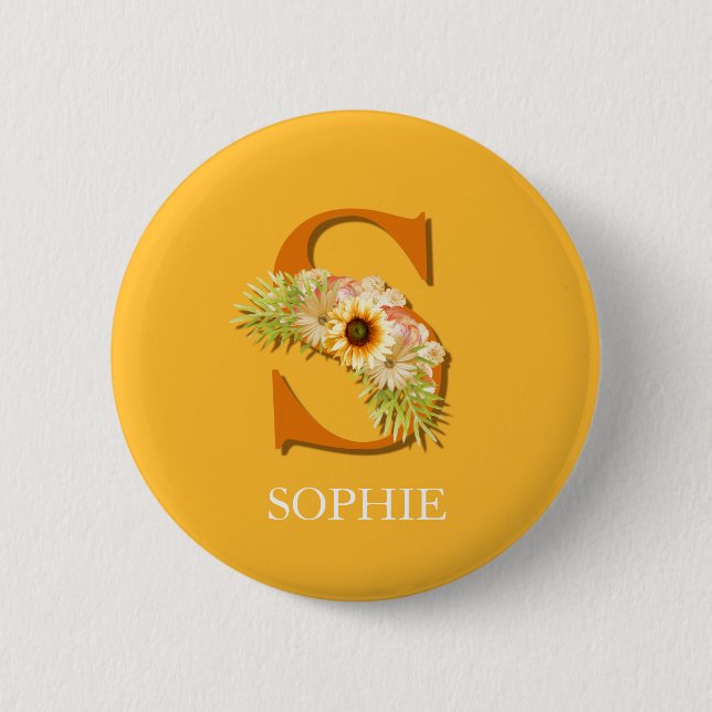 Letter S Sunflower Floral Monogram with Name 2 Inch Round Button (Front)