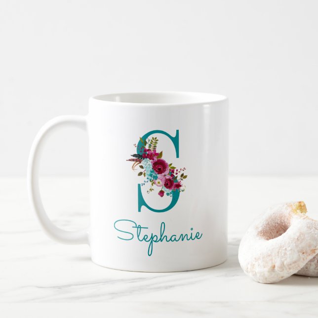 Letter S Teal Pink Floral Coffee Mug (With Donut)