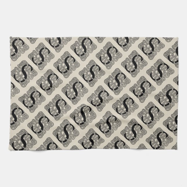 Letter S Vintage Celtic Knot Monogram Kitchen Towel (Horizontal)