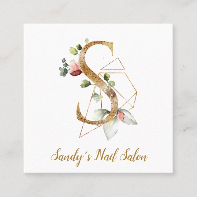 Letter S with Gold Geometric Design and Flowers Square Business Card (Front)