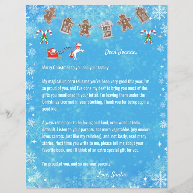 Letter Santa Unicorn Snowflakes Candy Blue Xmas (Front)