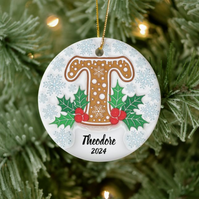 Letter T Custom Name Monogram Christmas Ceramic Ornament (Tree)