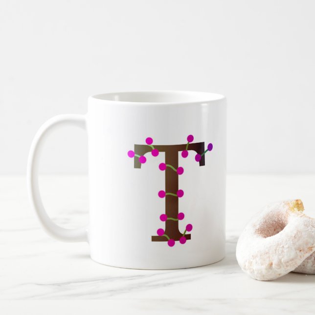 Letter T decorative initial on white Coffee Mug (With Donut)
