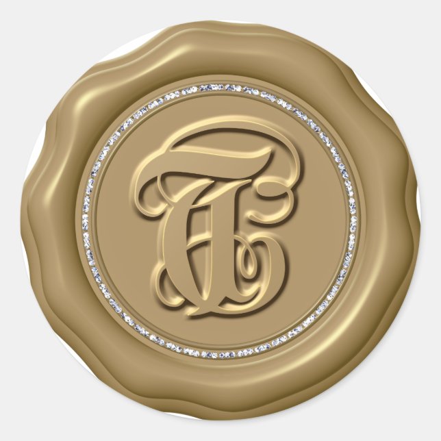 *~* Letter T Diamond Circle GOLD Wax Seal Stickers (Front)