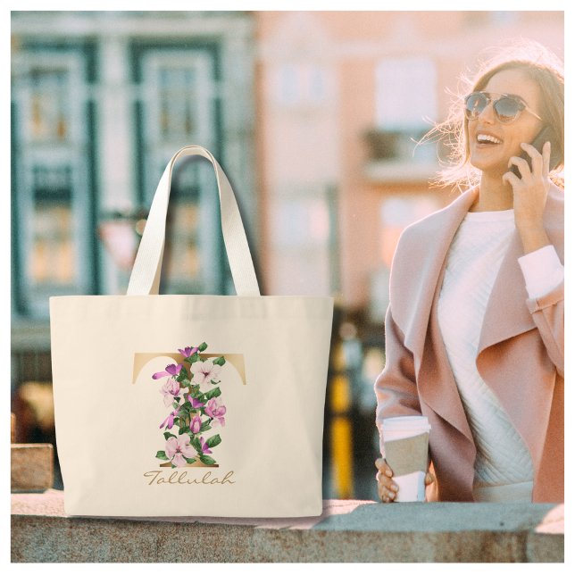 Letter T Elegant Floral Gold Monogram Large Tote Bag (Creator Uploaded)