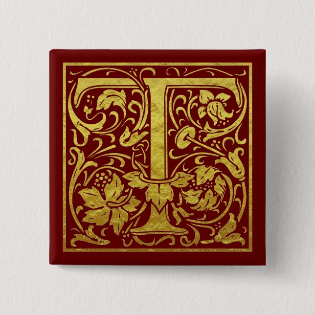 Letter T First Letter Faux Gold Red 2 Inch Square Button (Front)