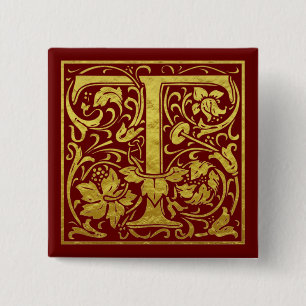 Letter T First Letter Faux Gold Red 2 Inch Square Button